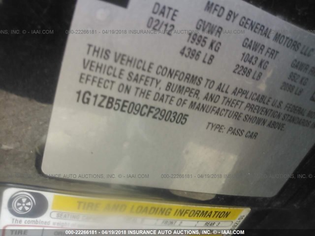 1G1ZB5E09CF290305 - 2012 CHEVROLET MALIBU LS BLACK photo 9