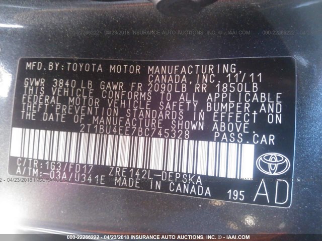 2T1BU4EE7BC745328 - 2011 TOYOTA COROLLA S/LE GRAY photo 9