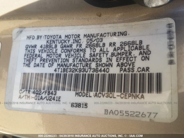 4T1BE32K93U736440 - 2003 TOYOTA CAMRY LE/XLE/SE BROWN photo 9