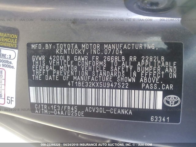 4T1BE32KX5U947522 - 2005 TOYOTA CAMRY LE/XLE/SE ნაცრისფერი ფოტო 9