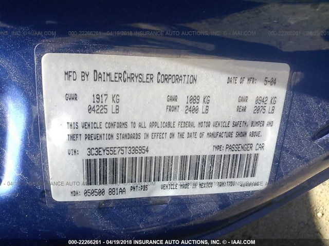 3C3EY55E75T336954 - 2005 CHRYSLER PT CRUISER TOURING BLUE photo 9