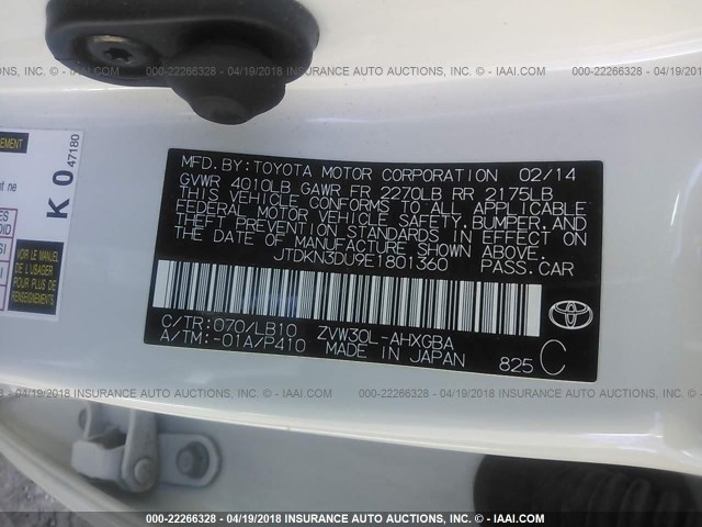 JTDKN3DU9E1801360 - 2014 TOYOTA PRIUS WHITE photo 9