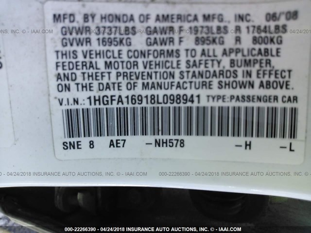 1HGFA16918L098941 - 2008 HONDA CIVIC EXL WHITE photo 9