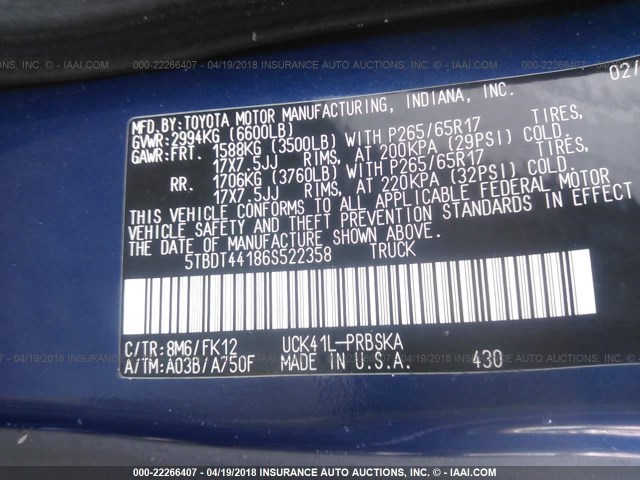 5TBDT44186S522358 - 2006 TOYOTA TUNDRA DOUBLE CAB SR5 BLUE photo 9