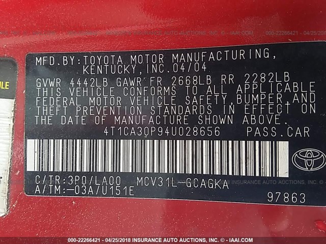4T1CA30P94U028656 - 2004 TOYOTA CAMRY SOLARA SE/SLE 红色 照片 9