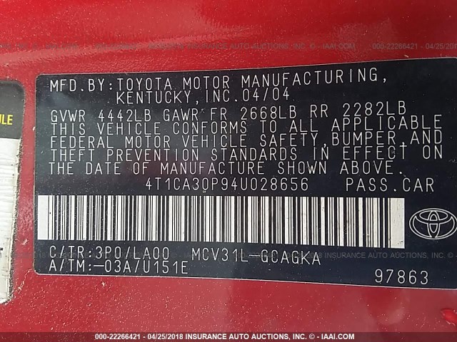 4T1CA30P94U028656 - 2004 TOYOTA CAMRY SOLARA SE/SLE RED photo 9