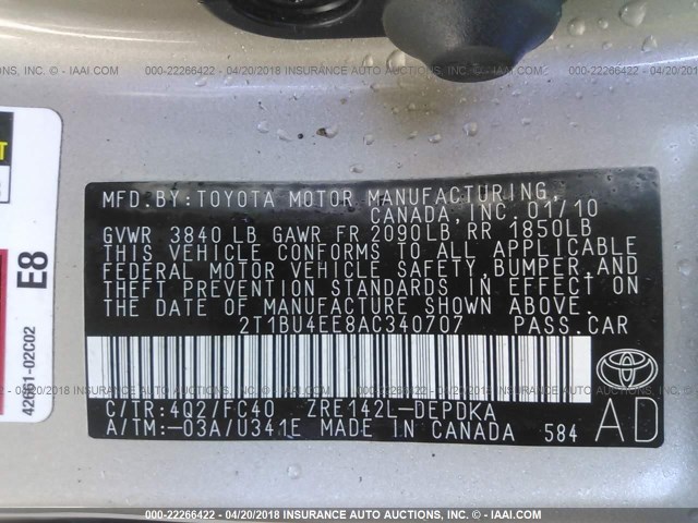 2T1BU4EE8AC340707 - 2010 TOYOTA COROLLA S/LE/XLE TAN photo 9