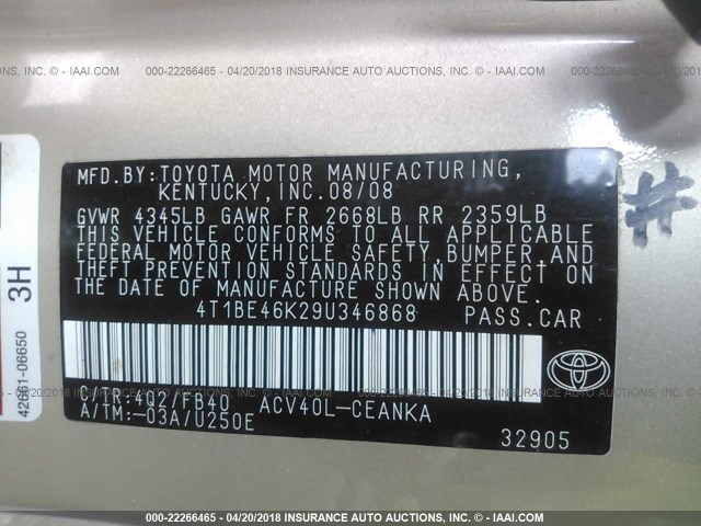 4T1BE46K29U346868 - 2009 TOYOTA CAMRY SE/LE/XLE SILVER photo 9