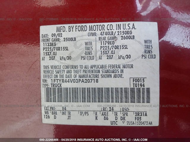 1FTYR44V03PA20718 - 2003 FORD RANGER SUPER CAB RED photo 9