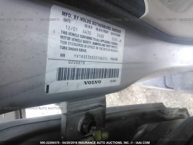 YV1RS53D522134212 - 2002 VOLVO S60 T5 SILVER photo 9