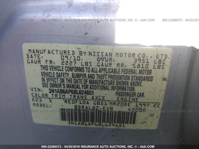 3N1AB6AP6BL624651 - 2011 NISSAN SENTRA 2.0/2.0S/SR/2.0SL SILVER photo 9