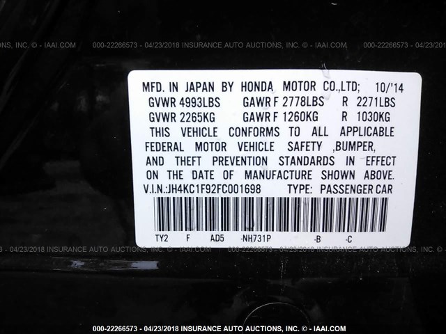 JH4KC1F92FC001698 - 2015 ACURA RLX ADVANCE შავი ფოტო 9
