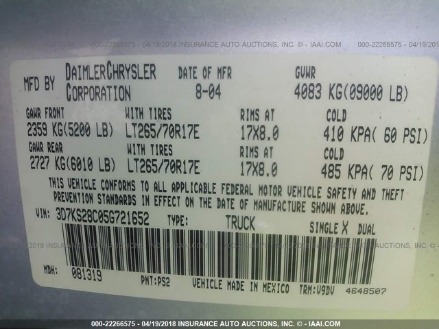 3D7KS28C05G721652 - 2005 DODGE RAM 2500 ST/SLT 银色 照片 9