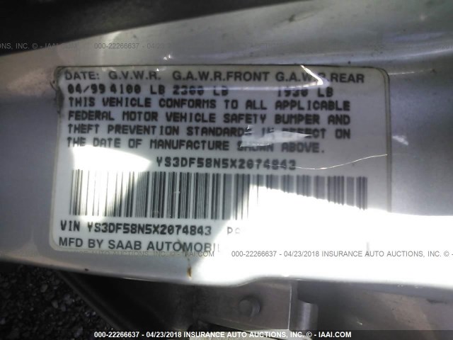 YS3DF58N5X2074843 - 1999 SAAB 9-3 SE SILVER photo 9