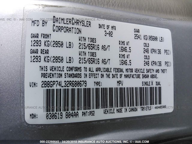 2B8GP74L32R680679 - 2002 DODGE GRAND CARAVAN EX BLUE photo 9