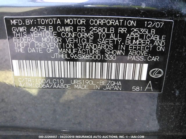 JTHBL96SX85001330 - 2008 LEXUS GS 460 GRAY photo 9