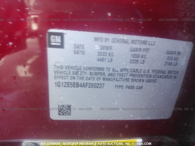 1G1ZE5EB4AF280237 - 2010 CHEVROLET MALIBU LTZ 栗色 照片 9