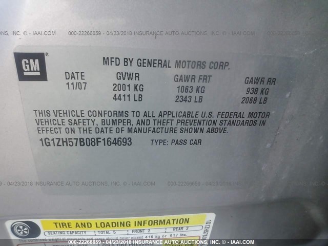 1G1ZH57B08F164693 - 2008 CHEVROLET MALIBU 1LT SILVER photo 9