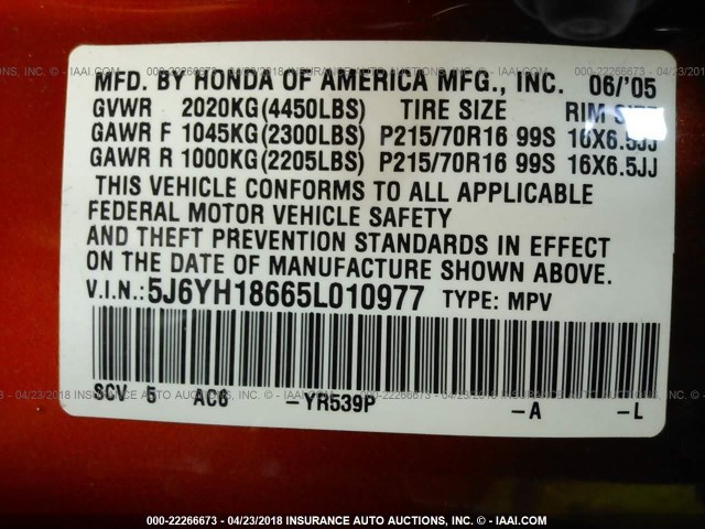 5J6YH18665L010977 - 2005 HONDA ELEMENT EX ORANGE photo 9