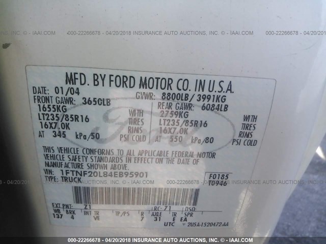 1FTNF20L84EB95901 - 2004 FORD F250 SUPER DUTY WHITE photo 9