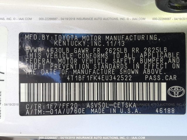 4T1BF1FK4EU342522 - 2014 TOYOTA CAMRY L/SE/LE/XLE 银色 照片 9