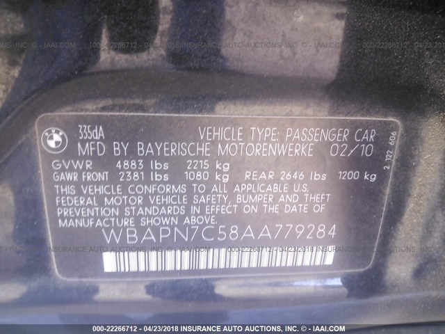 WBAPN7C58AA779284 - 2010 BMW 335 D BLACK photo 9