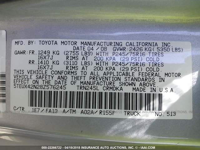 5TEUX42N28Z576245 - 2008 TOYOTA TACOMA ACCESS CAB Silber Foto 9