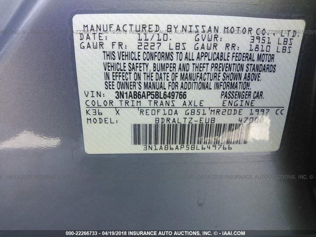 3N1AB6AP5BL649766 - 2011 NISSAN SENTRA 2.0/2.0S/SR/2.0SL SILVER photo 9