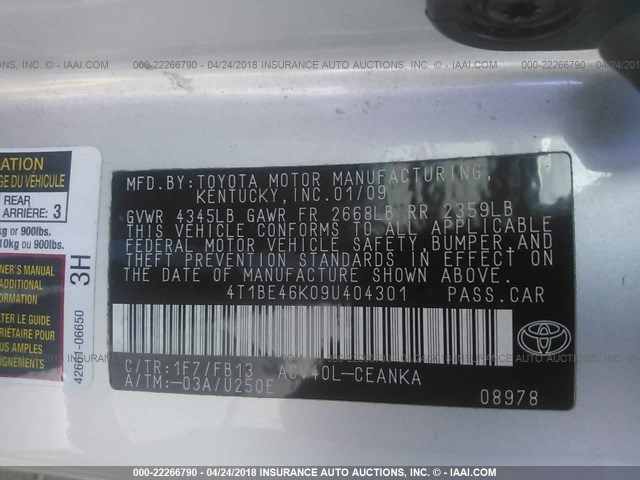 4T1BE46K09U404301 - 2009 TOYOTA CAMRY SE/LE/XLE SILVER photo 9