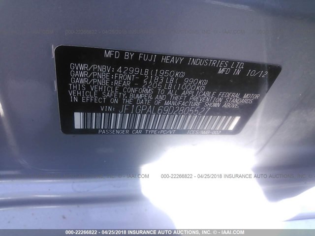 JF1GPAL69D2805527 - 2013 SUBARU IMPREZA SPORT PREMIUM GRAY photo 9