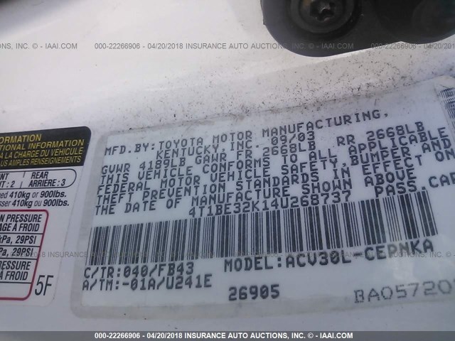 4T1BE32K14U268737 - 2004 TOYOTA CAMRY LE/XLE/SE Ақ фото 9