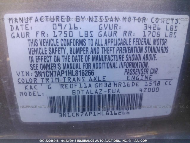 3N1CN7AP1HL816266 - 2017 NISSAN VERSA S/S PLUS/SV/SL Pewter photo 9