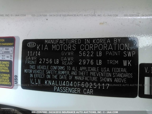 KNALU4D40F6025117 - 2015 KIA K900 WHITE photo 9