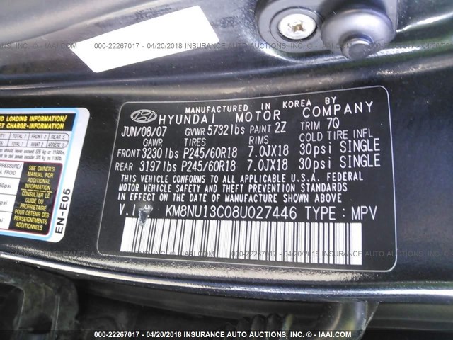 KM8NU13C08U027446 - 2008 HYUNDAI VERACRUZ GLS/SE/LIMITED BLACK photo 9