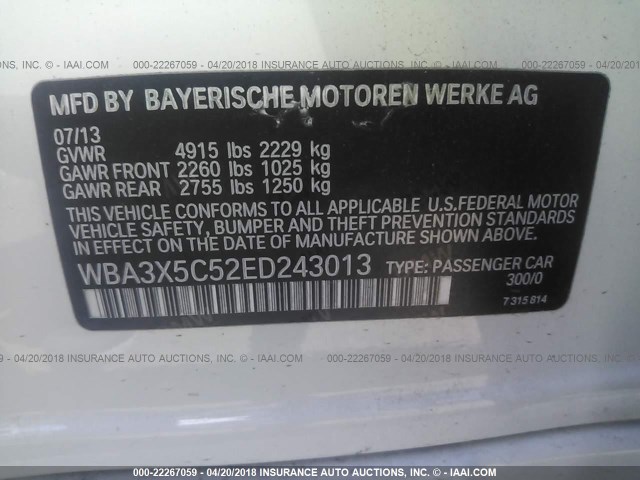 WBA3X5C52ED243013 - 2014 BMW 328 XIGT WHITE photo 9