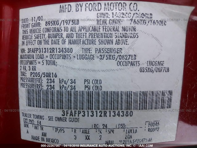 3FAFP31312R134380 - 2002 FORD FOCUS ZX3 RED photo 9