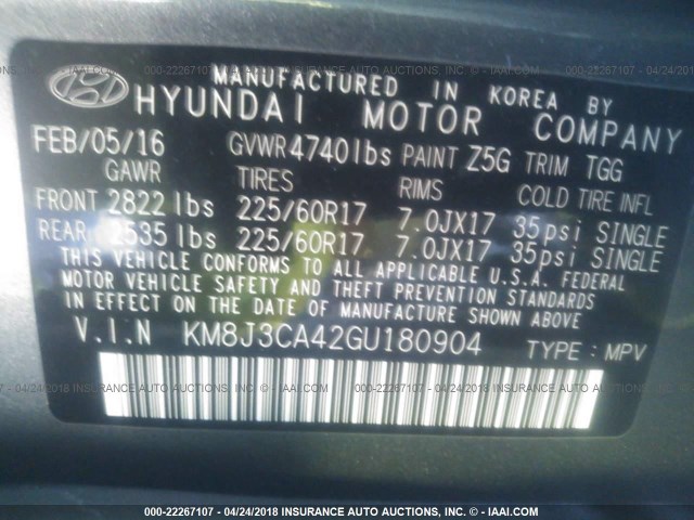 KM8J3CA42GU180904 - 2016 HYUNDAI TUCSON LIMITED/SPORT AND ECO/SE GRAY photo 9
