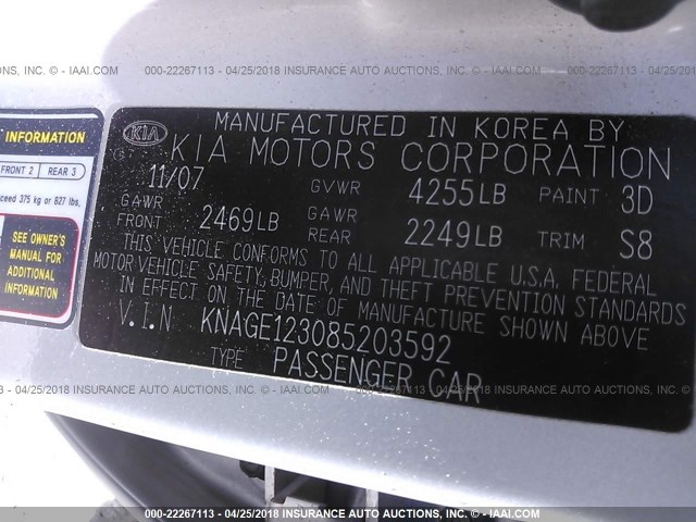 KNAGE123085203592 - 2008 KIA OPTIMA LX/EX SILVER photo 9