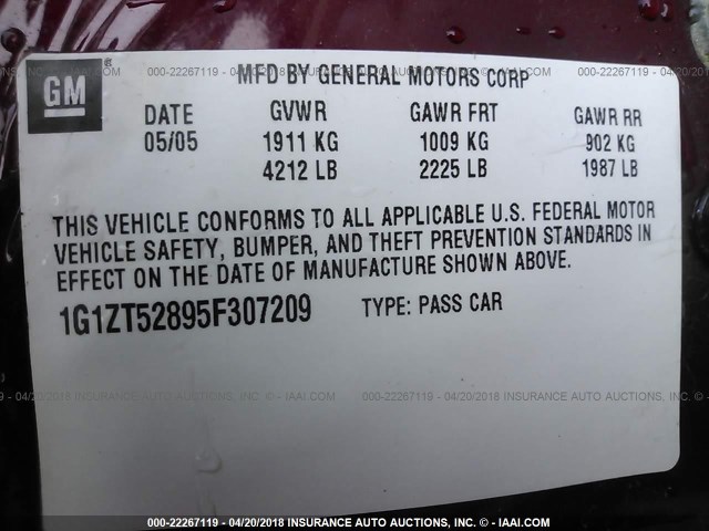 1G1ZT52895F307209 - 2005 CHEVROLET MALIBU LS 栗色 照片 9