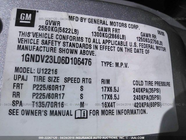 1GNDV23L06D106476 - 2006 CHEVROLET UPLANDER LS Արծաթագույն լուսանկար 9