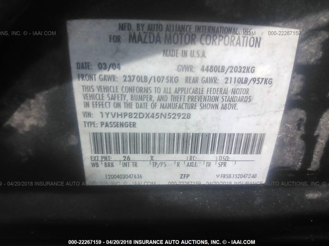 1YVHP82DX45N52928 - 2004 MAZDA 6 S GRAY photo 9