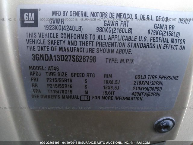 3GNDA13D27S628798 - 2007 CHEVROLET HHR LS ოქროსფერი ფოტო 9