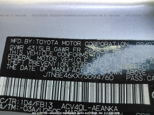 JTNBE46KX73094760 - 2007 TOYOTA CAMRY NEW GENERAT CE/LE/XLE/SE SILVER photo 9