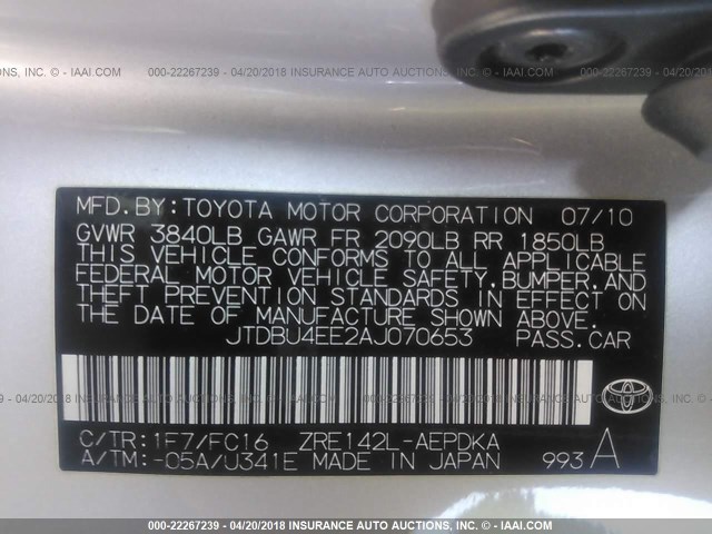 JTDBU4EE2AJ070653 - 2010 TOYOTA COROLLA S/LE/XLE SILVER photo 9