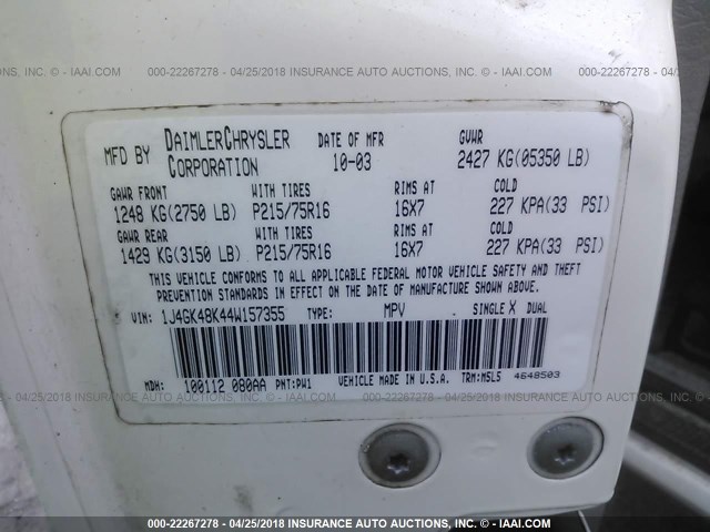 1J4GK48K44W157355 - 2004 JEEP LIBERTY SPORT 白色 照片 9