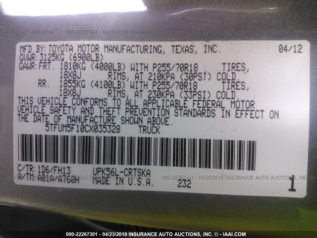 5TFUM5F10CX035328 - 2012 TOYOTA TUNDRA DOUBLE CAB SR5 GRAY photo 9