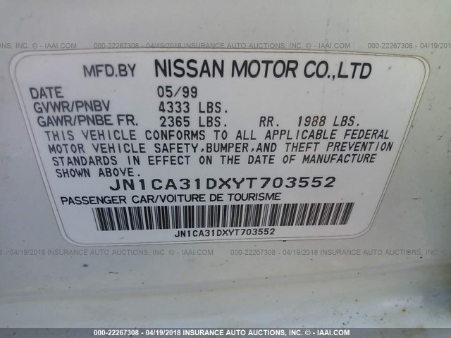 JN1CA31DXYT703552 - 2000 NISSAN MAXIMA GLE/GXE/SE WHITE photo 9