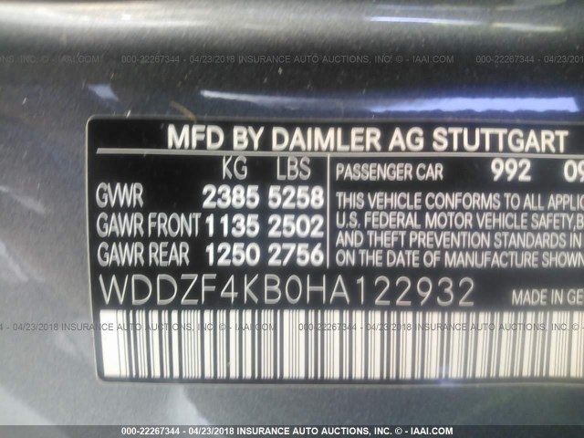 WDDZF4KB0HA122932 - 2017 MERCEDES-BENZ E 300 4MATIC GRAY photo 9