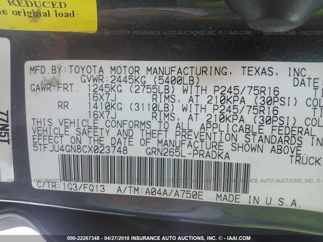 5TFJU4GN8CX023748 - 2012 TOYOTA TACOMA DOUBLE CAB PRERUNNER GRAY photo 9