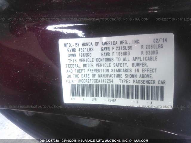 1HGCR2F7XEA147254 - 2014 HONDA ACCORD EX BURGUNDY photo 9